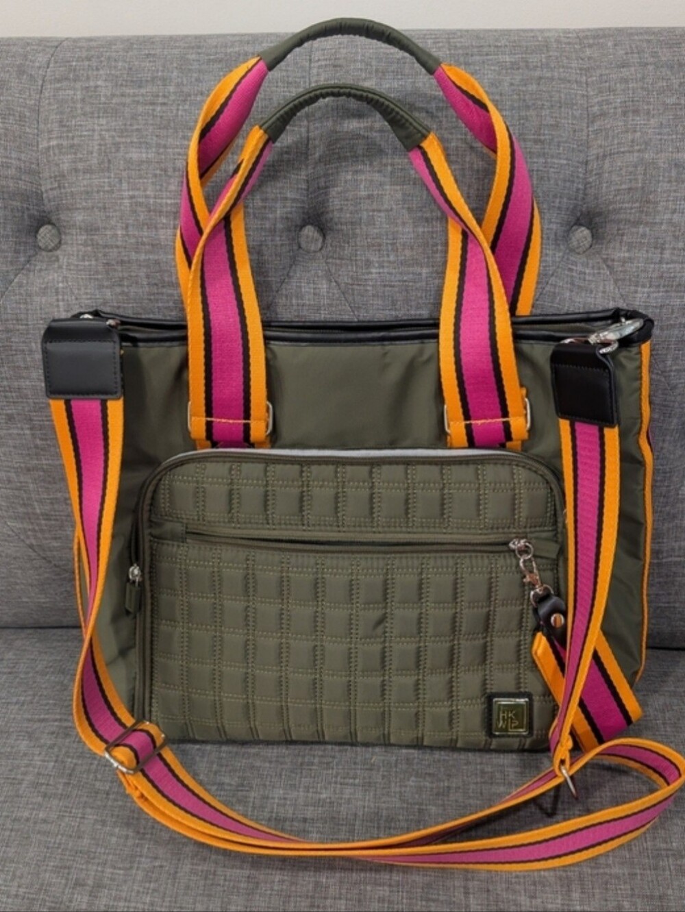Olive Quilted Tote with Pink & Orange Straps